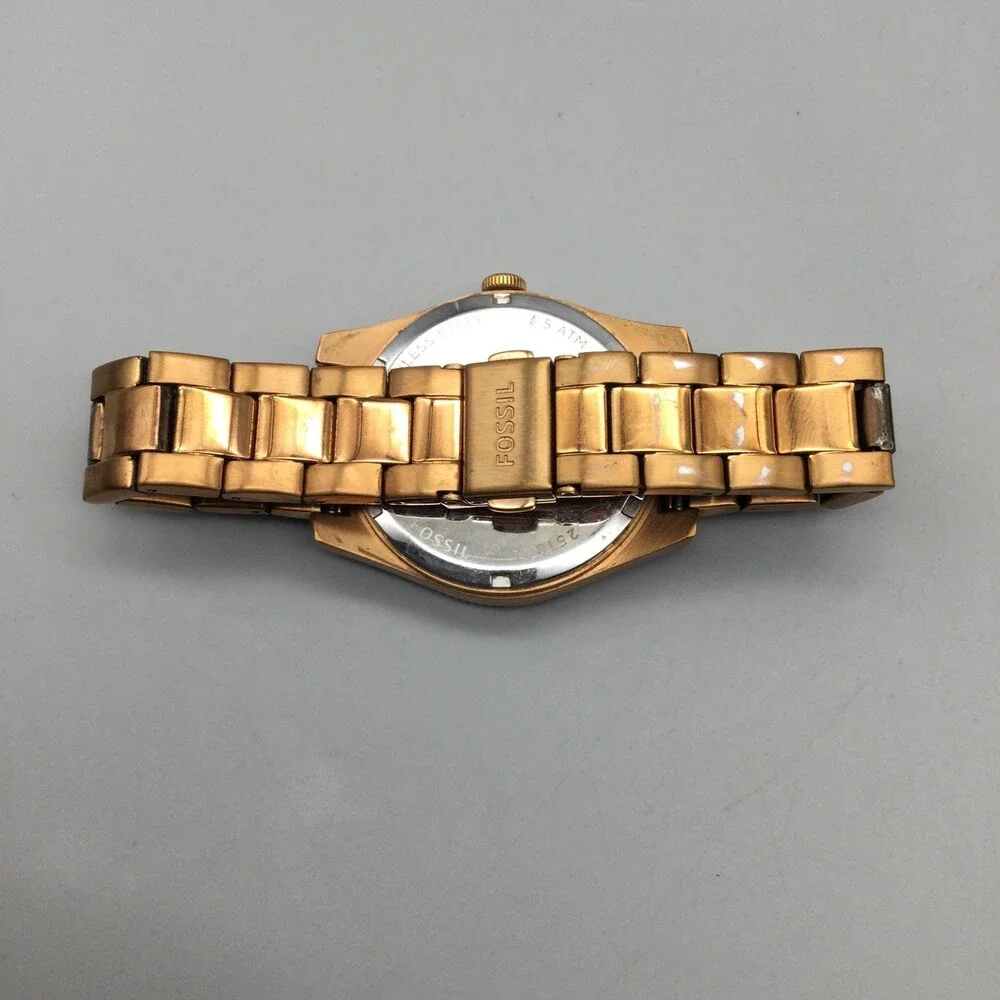 Fossil Womens Watch 38mm Rose Gold Tone Crystals Day Date New Battery 6.75